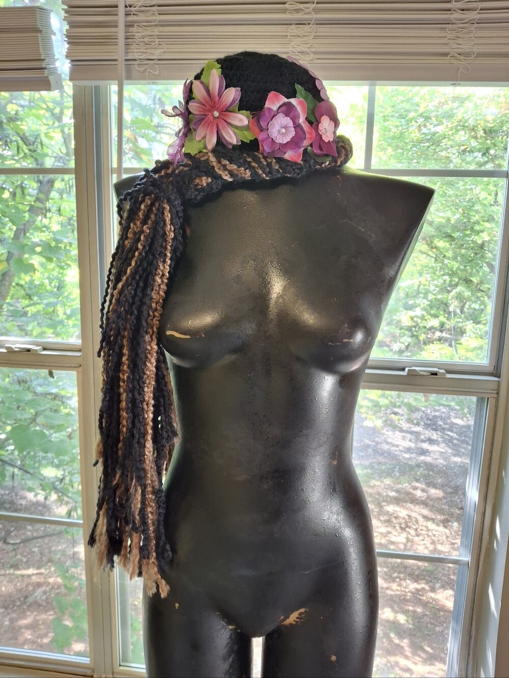 Boho Festival Dreadlock Wig Hat W/Flowers Fun Costume Cosplay Halloween-Handmade